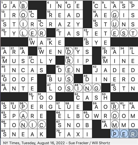 Contact information for livechaty.eu - ETC. This crossword clue might have a different answer every time it appears on a new New York Times Puzzle, please read all the answers until you find the one that solves your clue. Today's puzzle is listed on our homepage along with all the possible crossword clue solutions. The latest puzzle is: NYT 02/28/24. Search Clue: